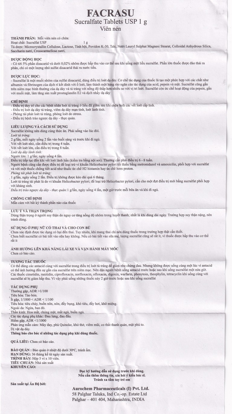Thuốc Facrasu 1g Aurochem Pharma điều trị loét dạ dày tá tràng (5 vỉ x 10 viên)