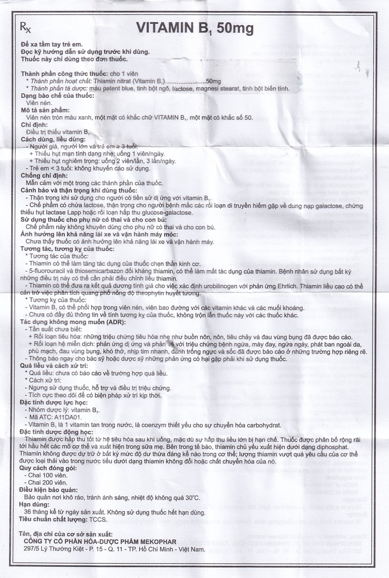 Thuốc Vitamin B1 50mg Mekophar điều trị thiếu Vitamin B (100 viên)