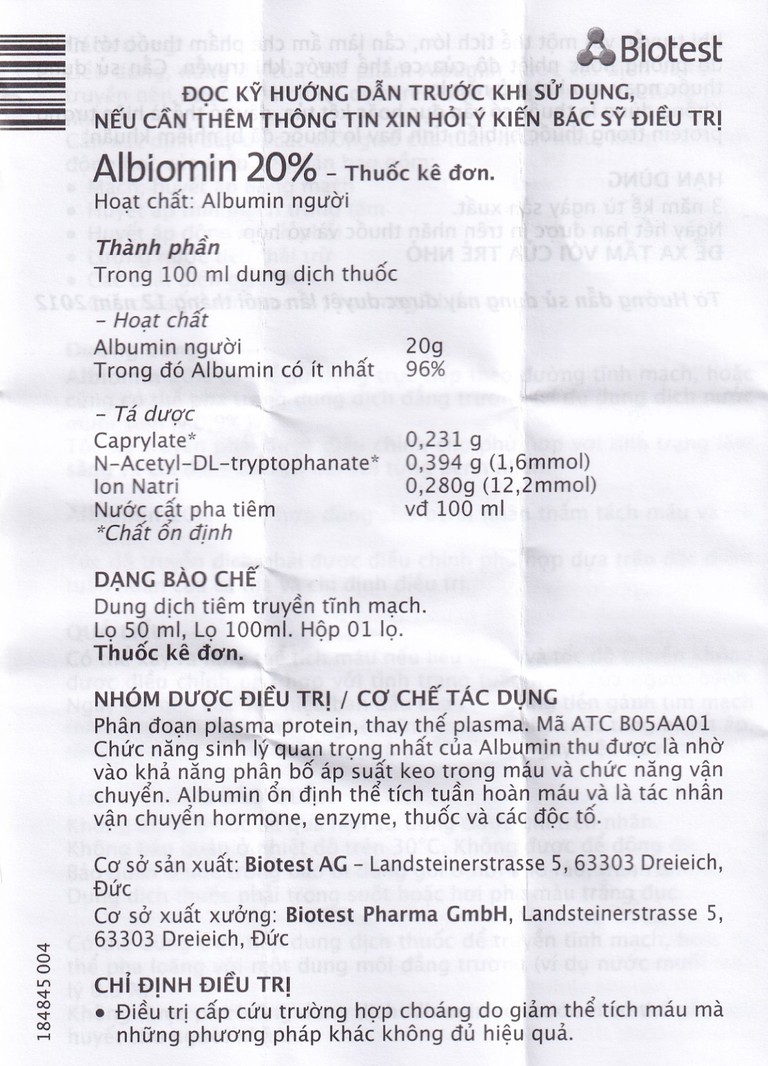 Dịch truyền Albiomin 20% Biotest điều trị cấp cứu trường hợp choáng do giảm thể tích máu (50ml)