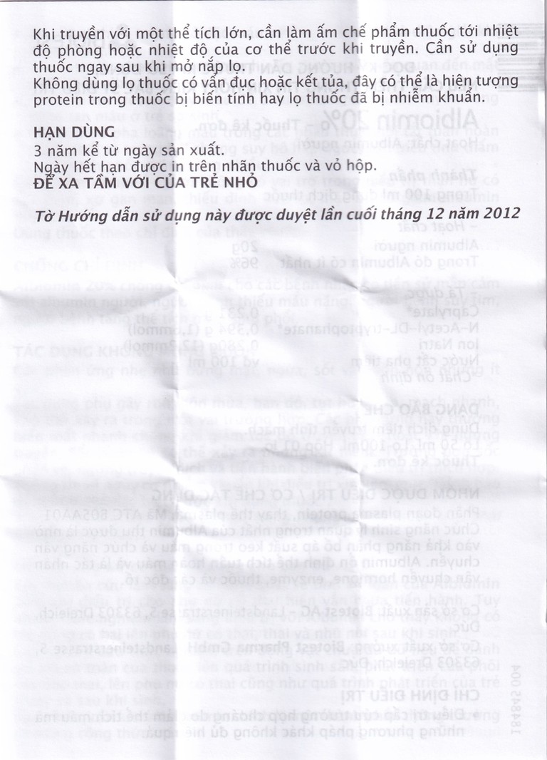 Dịch truyền Albiomin 20% Biotest điều trị cấp cứu trường hợp choáng do giảm thể tích máu (50ml)