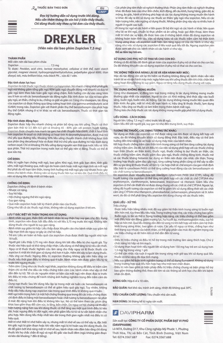 Thuốc Drexler Davipharm điều trị ngắn hạn chứng mất ngủ (60 viên)