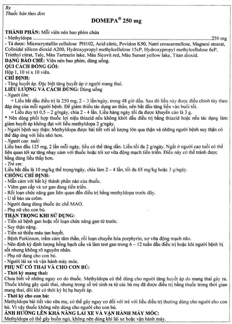 Thuốc Domepa 250mg Domesco điều trị tăng huyết áp (10 vỉ x 10 viên)