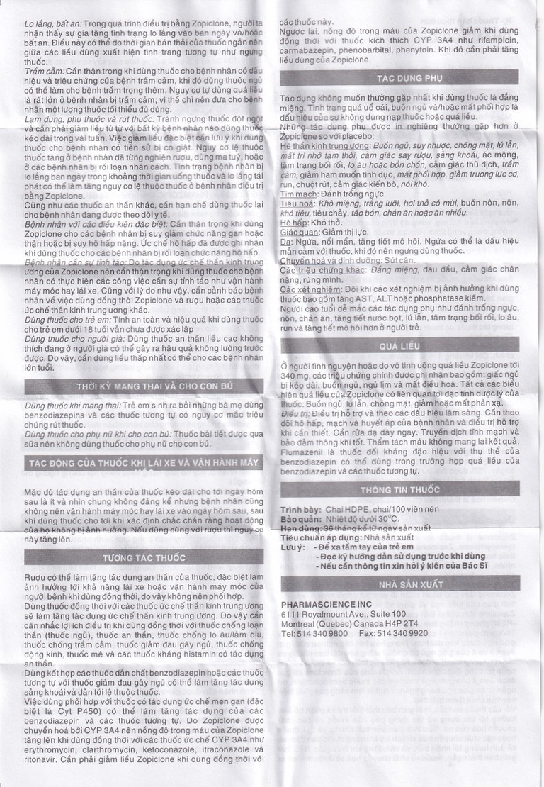 Viên nén Phamzopic 7.5mg Pharmascience điều trị rối loạn giấc ngủ (100 viên)