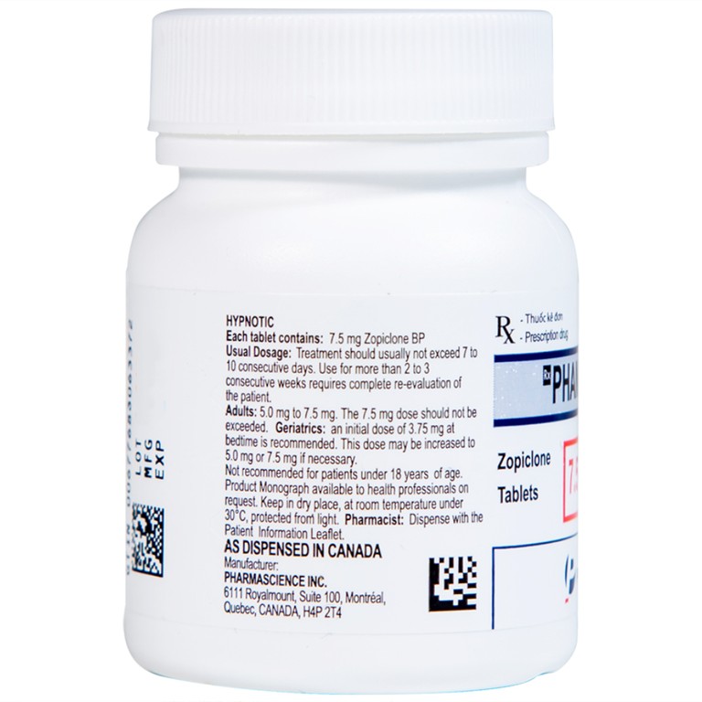 Viên nén Phamzopic 7.5mg Pharmascience điều trị rối loạn giấc ngủ (100 viên)