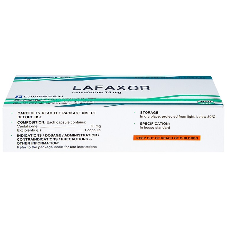 Viên nang cứng Lafaxor 75mg DaviPharm chống trầm cảm, lo âu (3 vỉ x 10 viên)