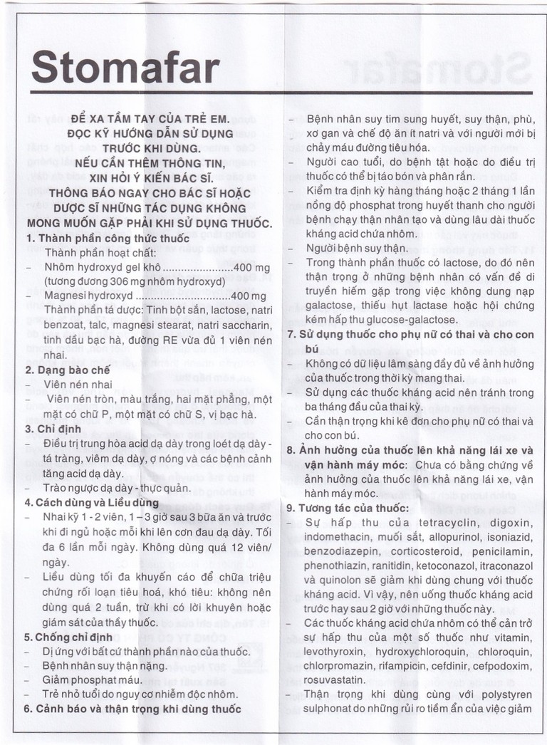 Viên nhai Stomafar Pharmedic điều trị trung hòa acid dạ dày (40 viên)