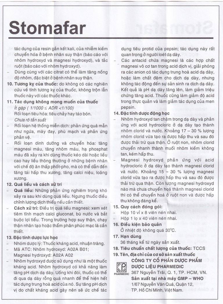 Viên nhai Stomafar Pharmedic điều trị trung hòa acid dạ dày (40 viên)