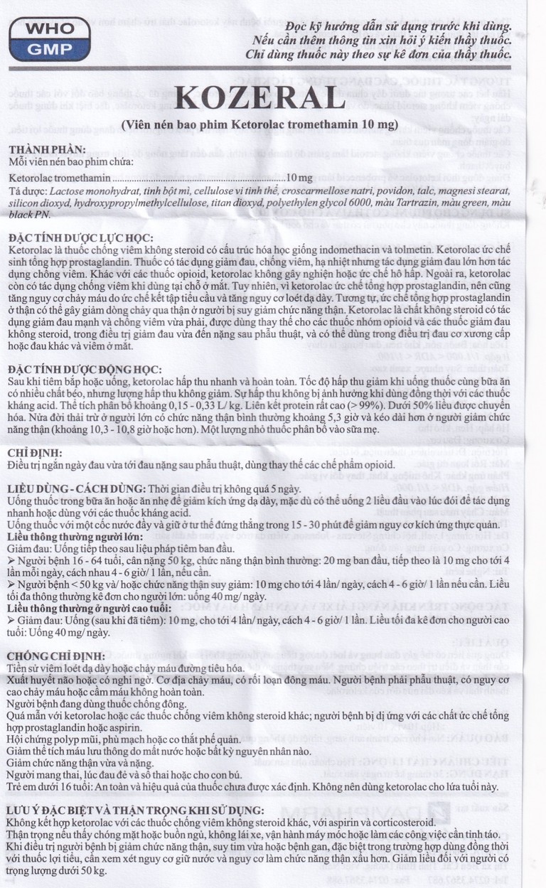 Viên nén Kozeral 10mg DaviPharm điều trị đau vừa tới nặng sau phẫu thuật (6 vỉ x 10 viên)
