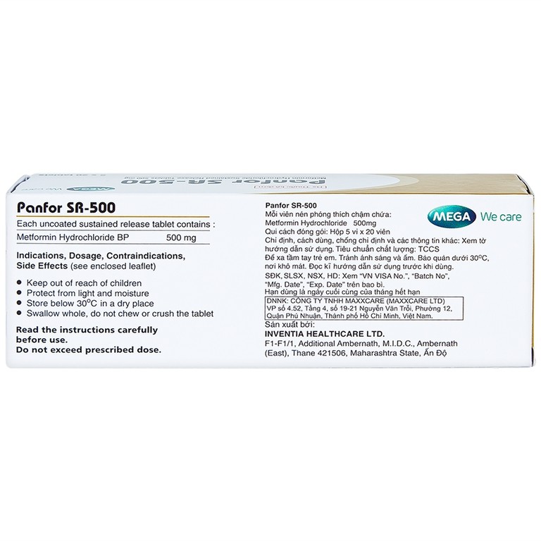 Viên nén Panfor SR-500 MEGA We Care điều trị bệnh đái tháo đường típ 2 (5 vỉ x 20 viên)