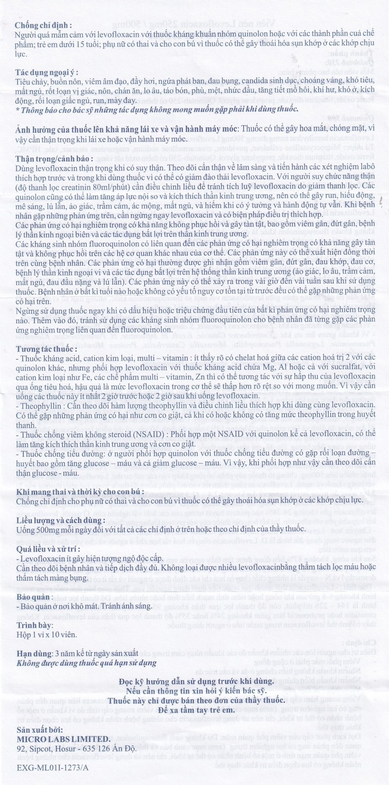 Thuốc Quinotab-500 Micro điều trị các chứng nhiễm trùng (1 vỉ x 10 viên) 