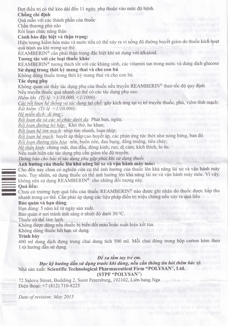 Dung dịch truyền Reamberin Polysan giảm oxy huyết và giải độc (400ml)