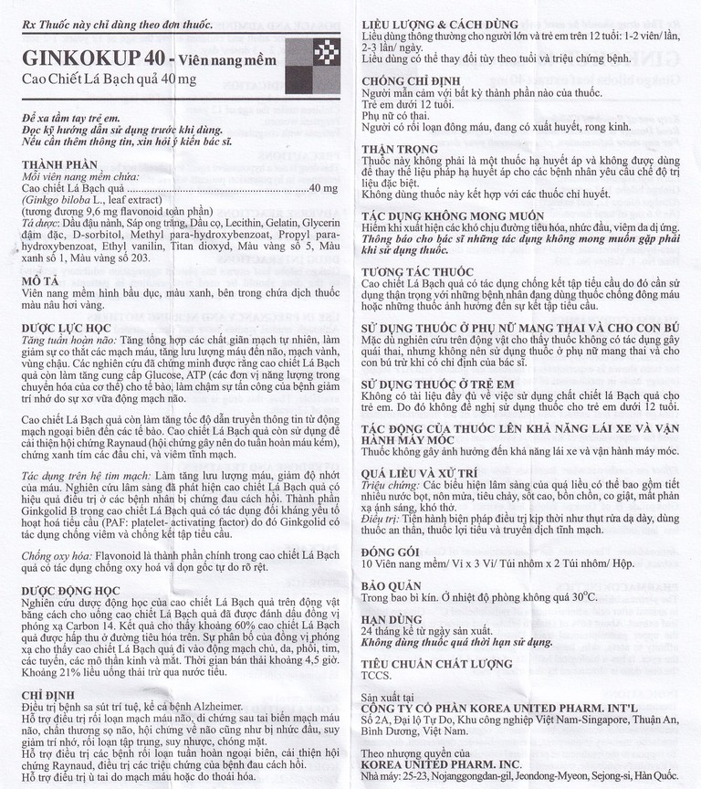 Thuốc Ginkokup 40 Korea United điều trị bệnh sa sút trí tuệ, bệnh Alzheimer, rối loạn mạch máu não (6 vỉ x 10 viên)
