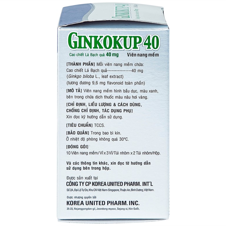 Thuốc Ginkokup 40 Korea United điều trị bệnh sa sút trí tuệ, bệnh Alzheimer, rối loạn mạch máu não (6 vỉ x 10 viên)