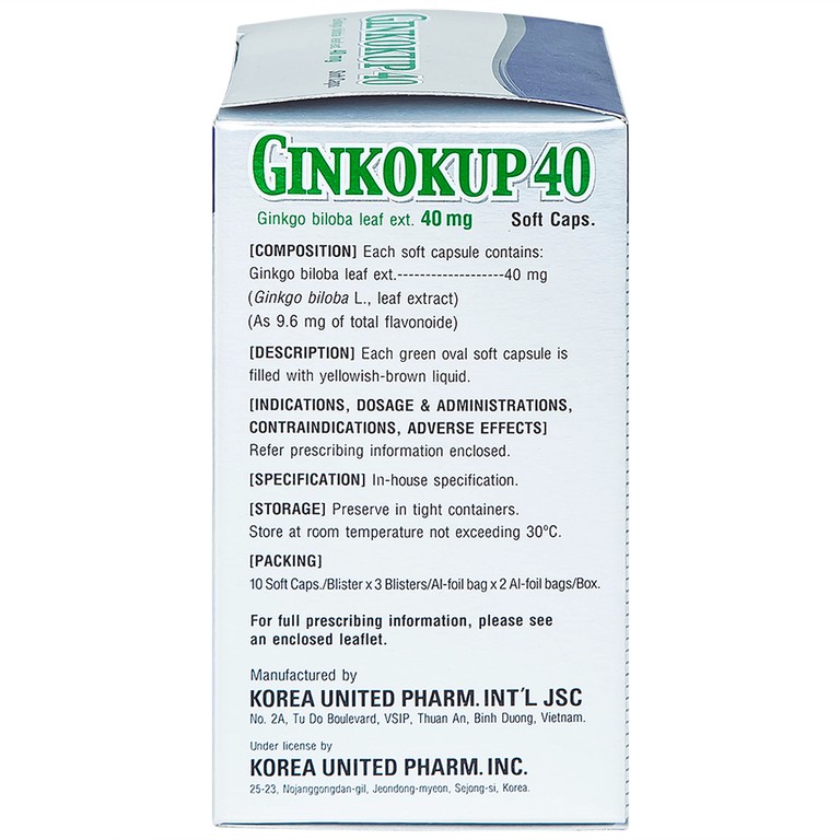 Thuốc Ginkokup 40 Korea United điều trị bệnh sa sút trí tuệ, bệnh Alzheimer, rối loạn mạch máu não (6 vỉ x 10 viên)