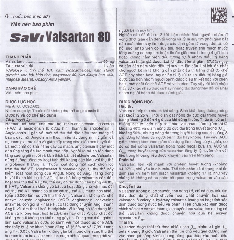 Thuốc Savi Valsartan 80 điều trị tăng huyết áp, nhồi máu cơ tim (3 vỉ x 10 viên)