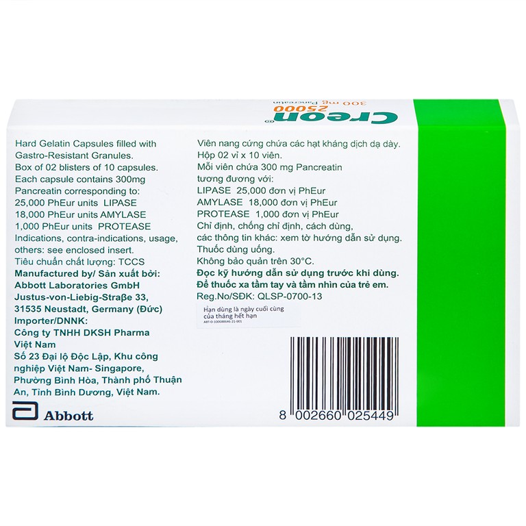 Thuốc Creon 25000 Abbott điều trị thiểu năng tụy ngoại tiết (20 viên)