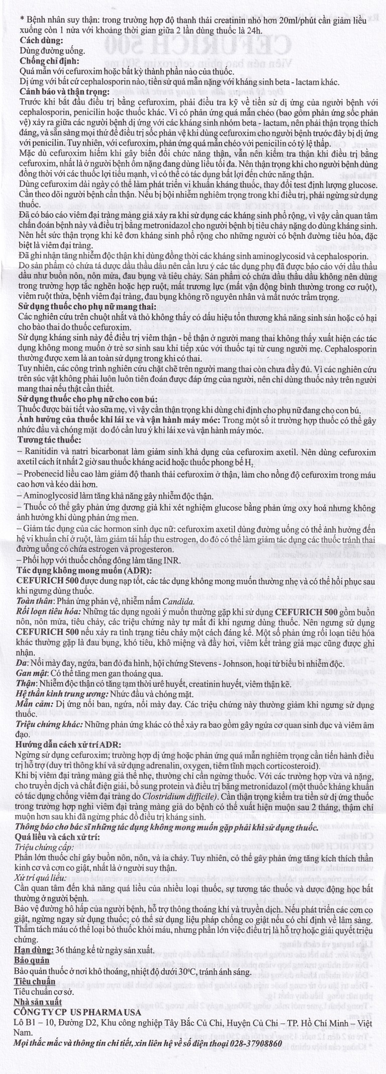 Thuốc Cefurich 500mg USP điều trị nhiễm khuẩn (2 vỉ x 5 viên)