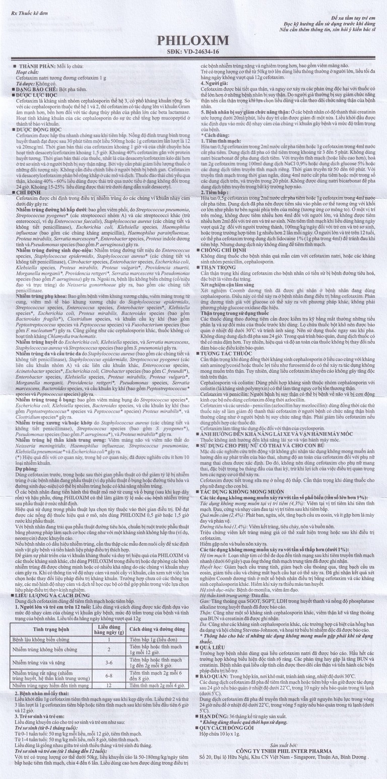 Bột pha tiêm Philoxim 1g Phil Inter Pharma điều trị nhiễm trùng do các chủng vi khuẩn (10 chai)
