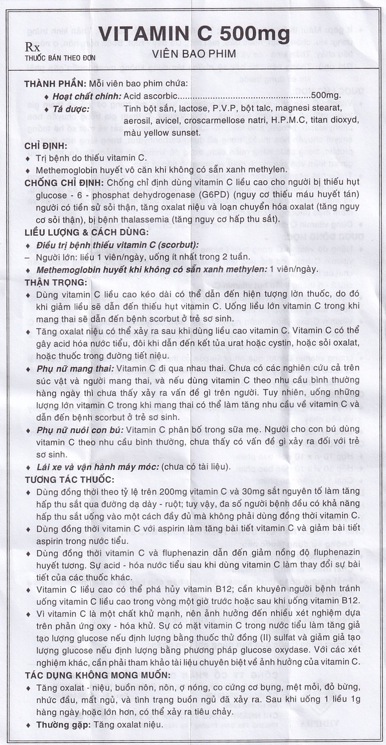 Thuốc Vitamin C 500mg Vidipha điều trị bệnh do thiếu Vitamin C (10 vỉ x 10 viên)