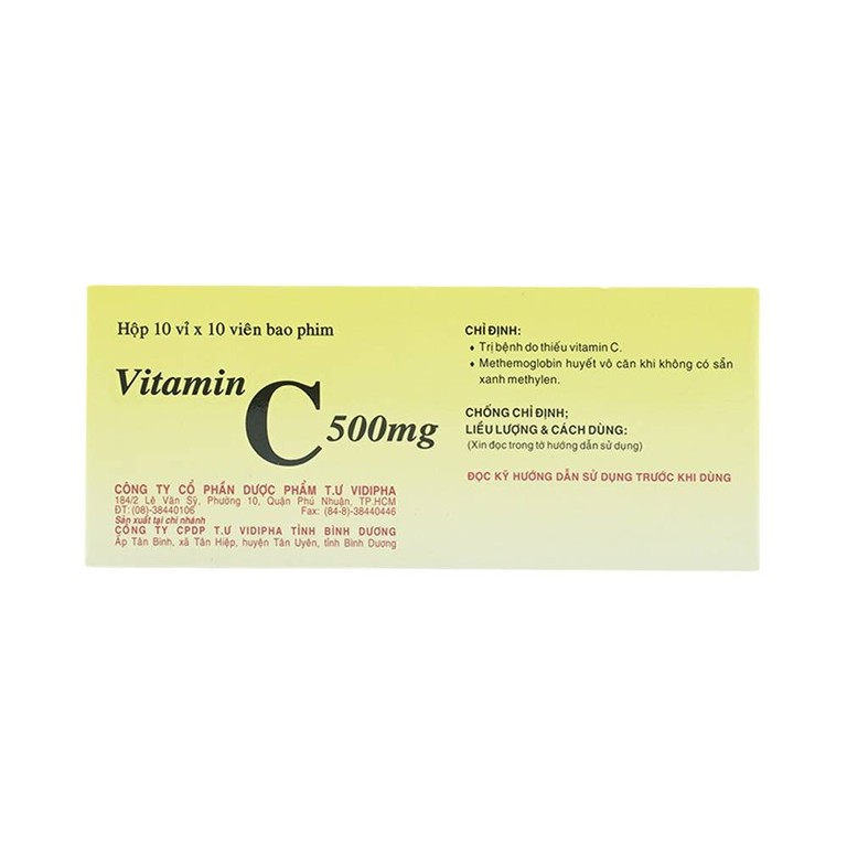 Thuốc Vitamin C 500mg Vidipha điều trị bệnh do thiếu Vitamin C (10 vỉ x 10 viên)