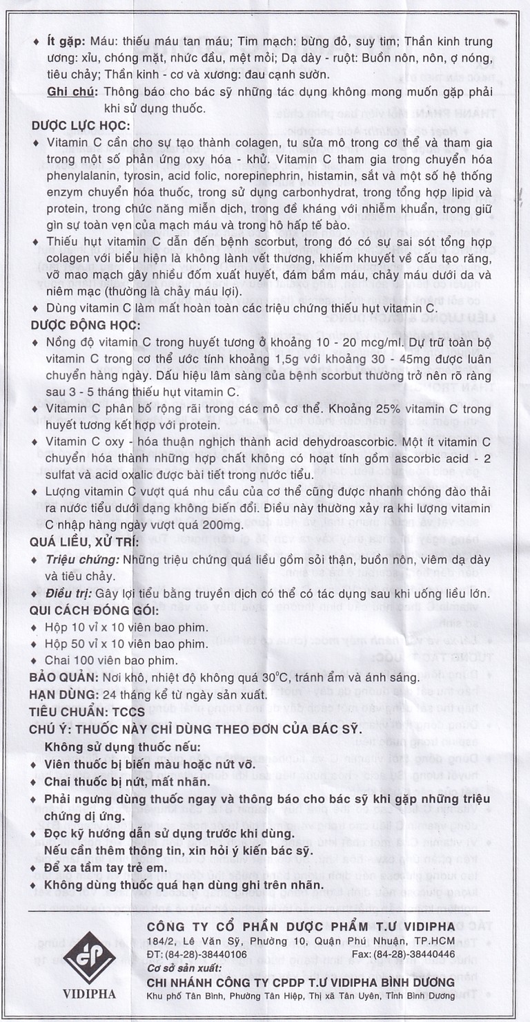 Thuốc Vitamin C 500mg Vidipha điều trị bệnh do thiếu Vitamin C (10 vỉ x 10 viên)