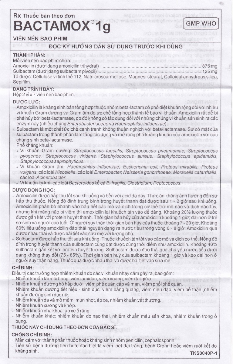 Thuốc Bactamox 1g Imexpharm điều trị nhiễm khuẩn (2 vỉ x 7 viên)