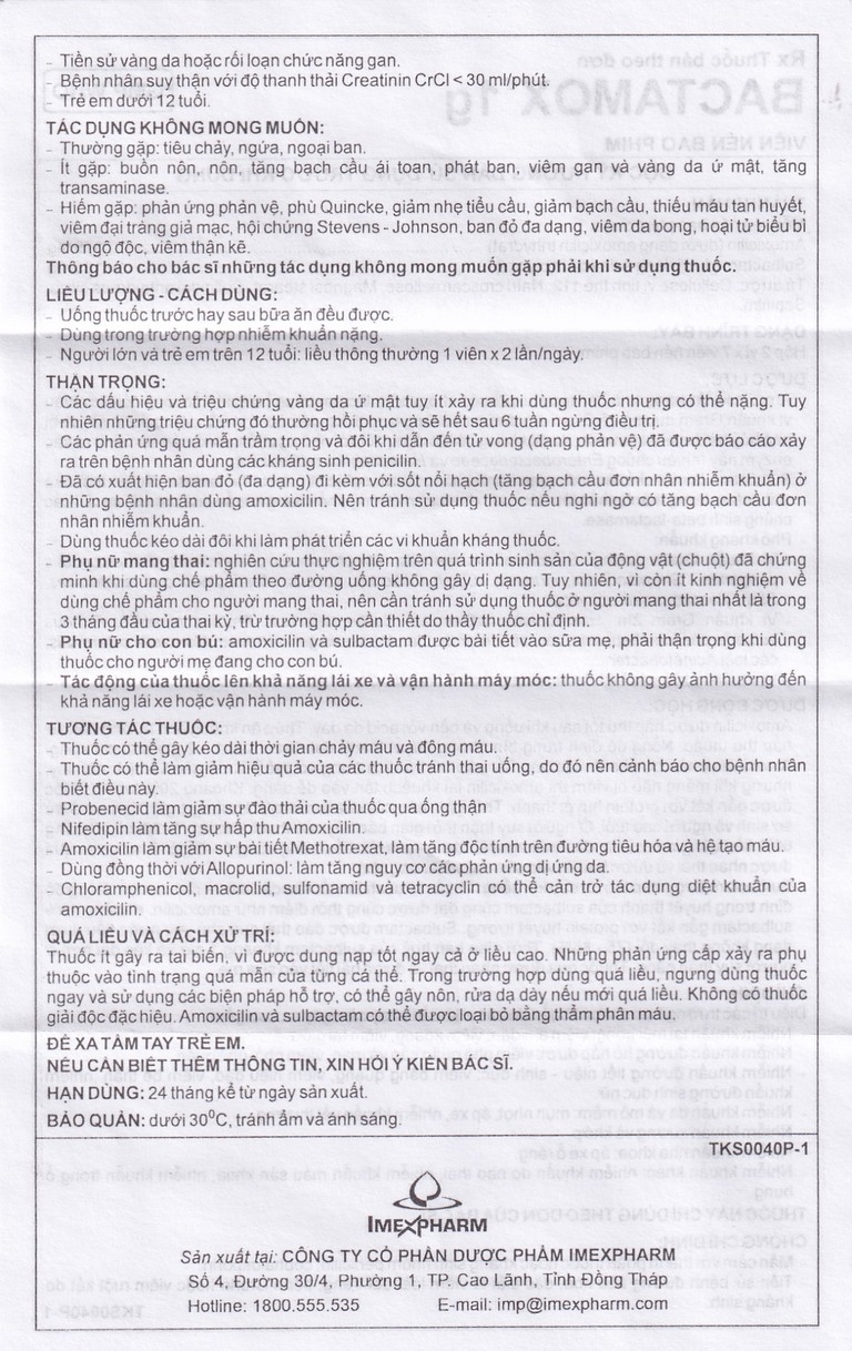 Thuốc Bactamox 1g Imexpharm điều trị nhiễm khuẩn (2 vỉ x 7 viên)