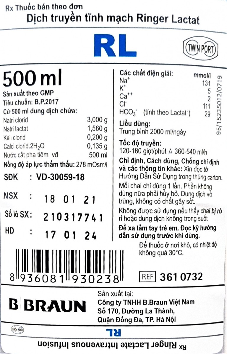 Dung dịch Ringer Lactat Braun truyền tĩnh mạch bù nước và điện giải (500ml)