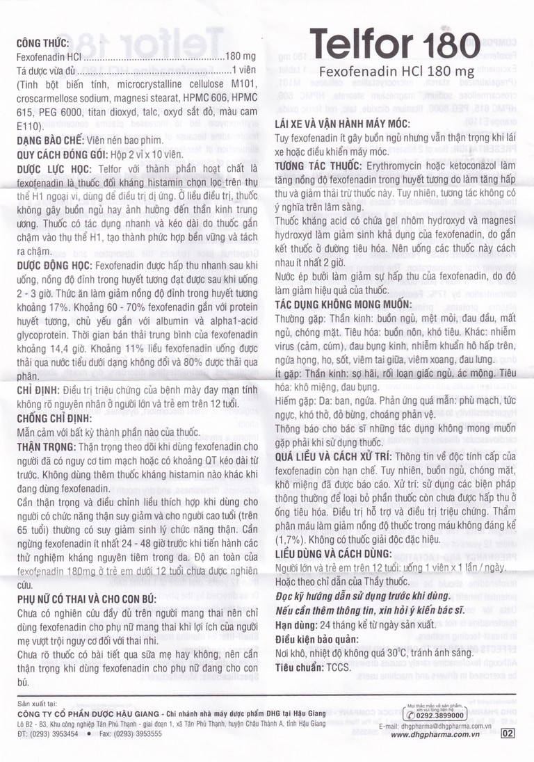 Thuốc Telfor 180 DHG điều trị triệu chứng của bệnh mày đay (2 vỉ x 10 viên)
