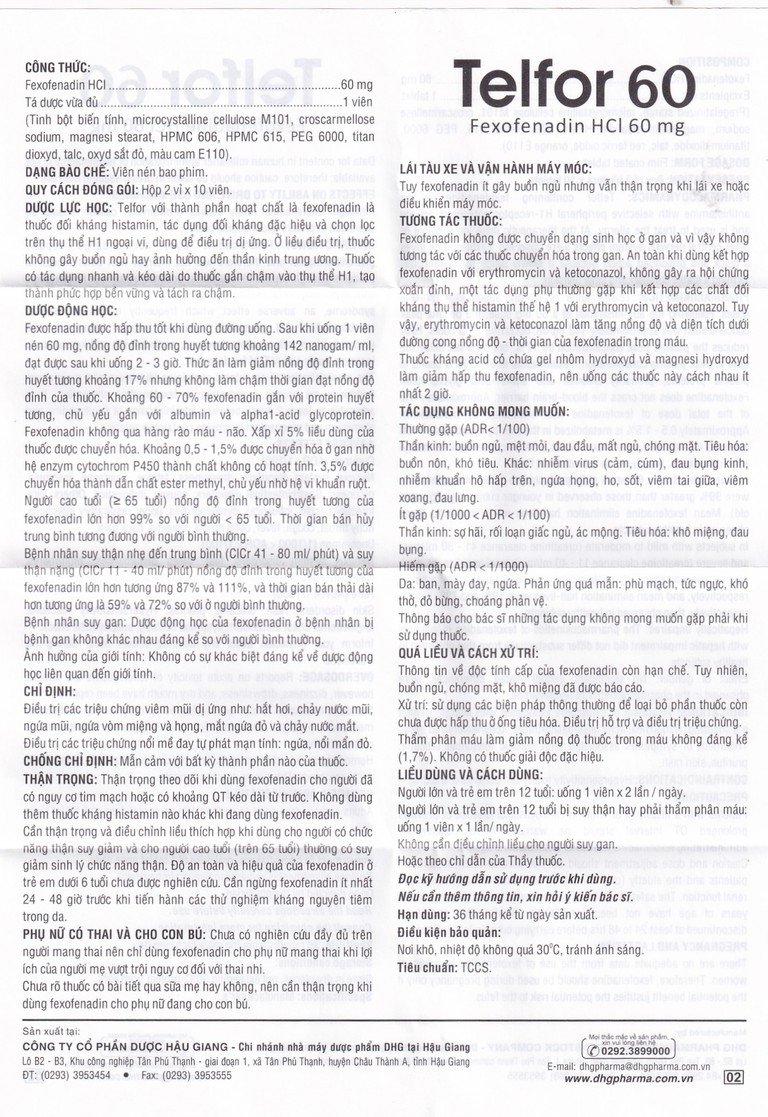 Thuốc Telfor 60 DHG điều trị các triệu chứng viêm mũi dị ứng (2 vỉ x 10 viên)