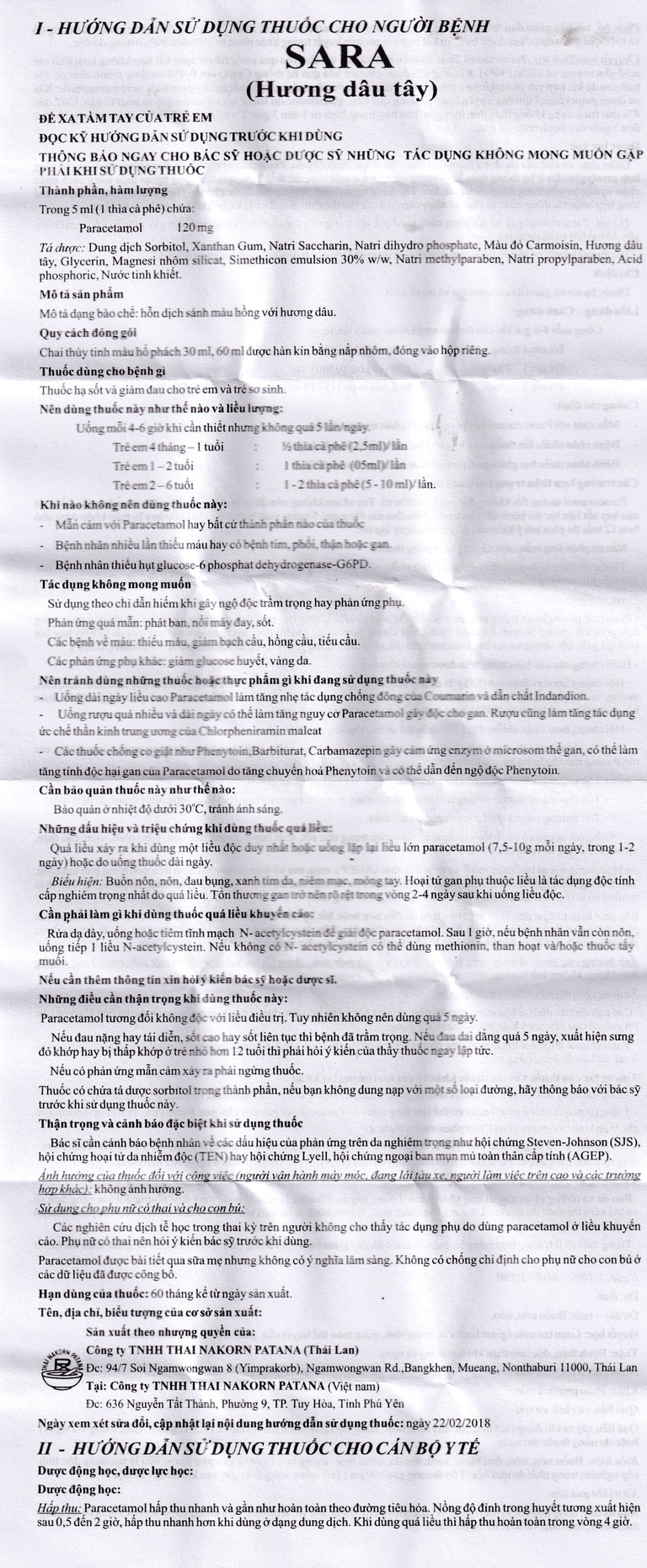 Thuốc Sara 120mg/5ml Thai Nakorn Patana hương dâu tây hạ sốt, giảm đau cho trẻ (60ml)