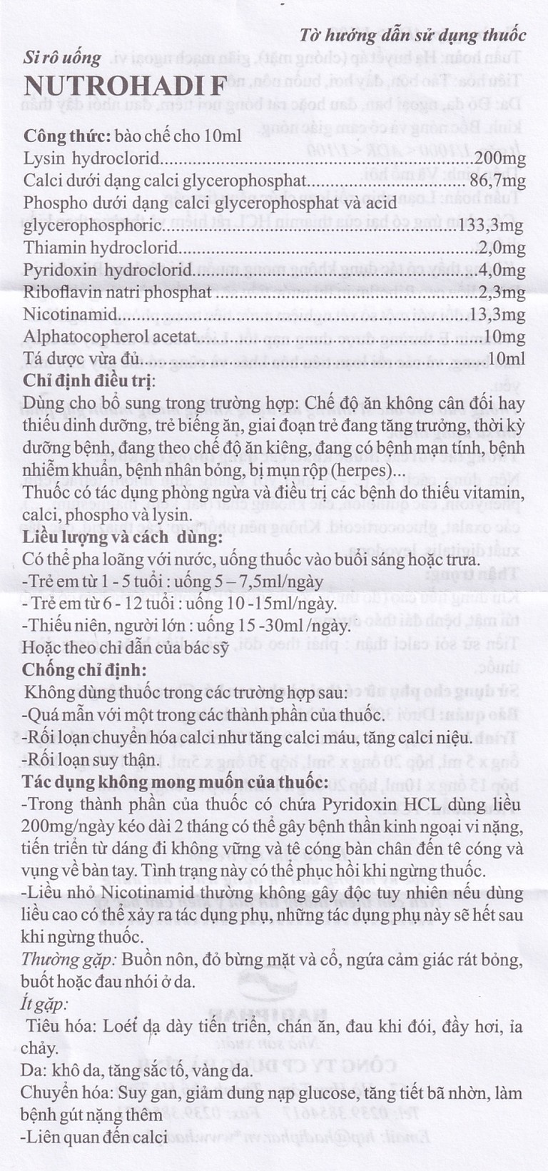 Siro Nutrohadi F bổ sung dinh dưỡng dùng cho trẻ biếng ăn, phòng ngừa thiếu vitamin (20 ống x 10ml)