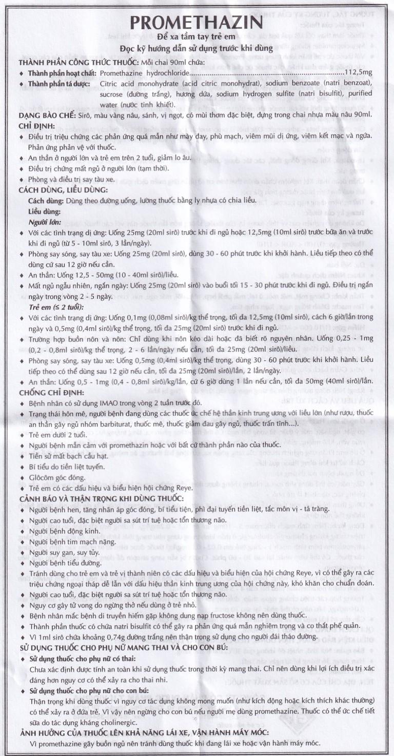 Siro Promethazin Vidipha điều trị mày đay, phù mạch, viêm mũi dị ứng (90ml)