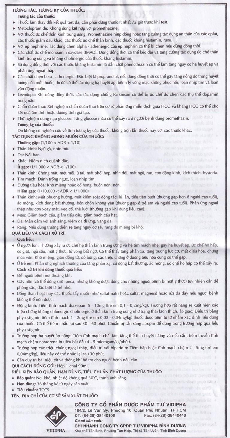 Siro Promethazin Vidipha điều trị mày đay, phù mạch, viêm mũi dị ứng (90ml)