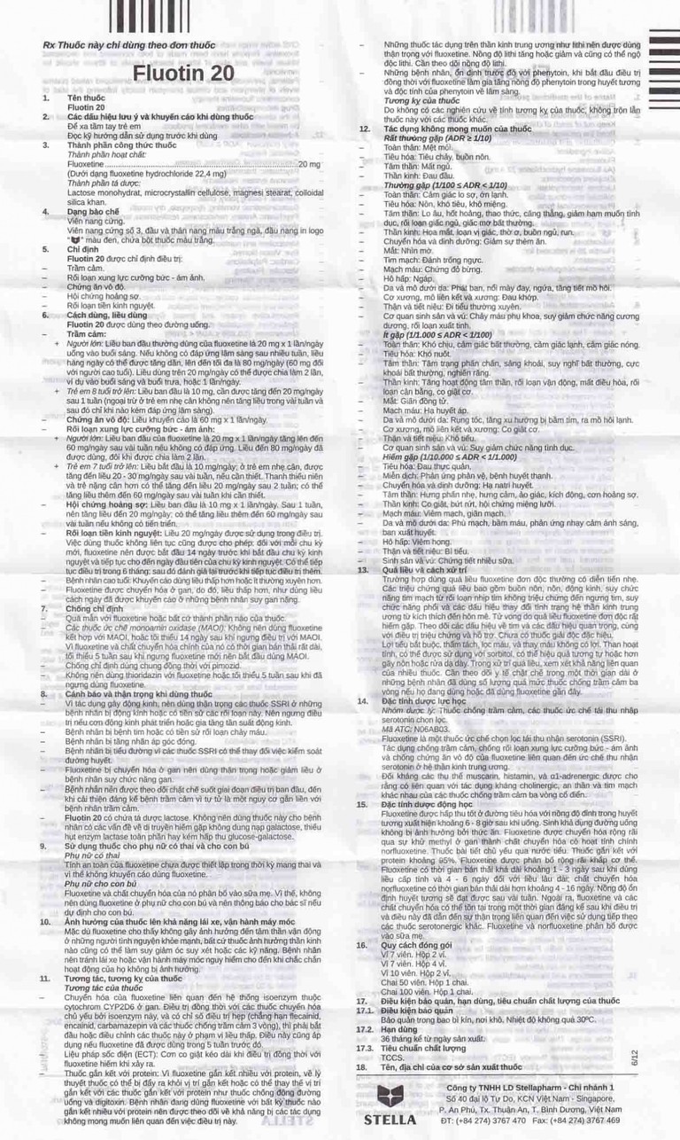 Thuốc Fluotin 20 Stella điều trị trầm cảm, rối loạn xung lực cưỡng bức ám ảnh (2 vỉ x 10 viên)