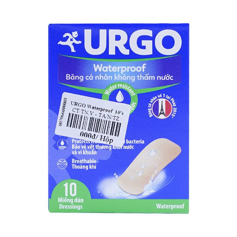 Băng cá nhân không thấm nước Urgo Waterproof bảo vệ vết thương nhỏ, vết trầy xước, rách da (10 miếng)