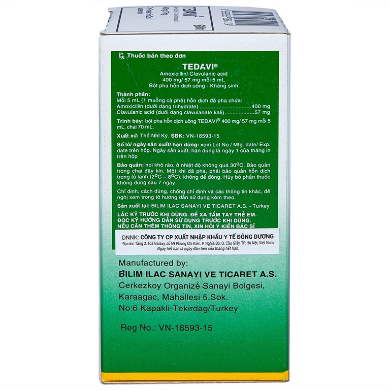 Bột pha uống Tedavi 400mg/57mg điều trị nhiễm khuẩn, viêm xoang, viêm tai giữa (70ml)