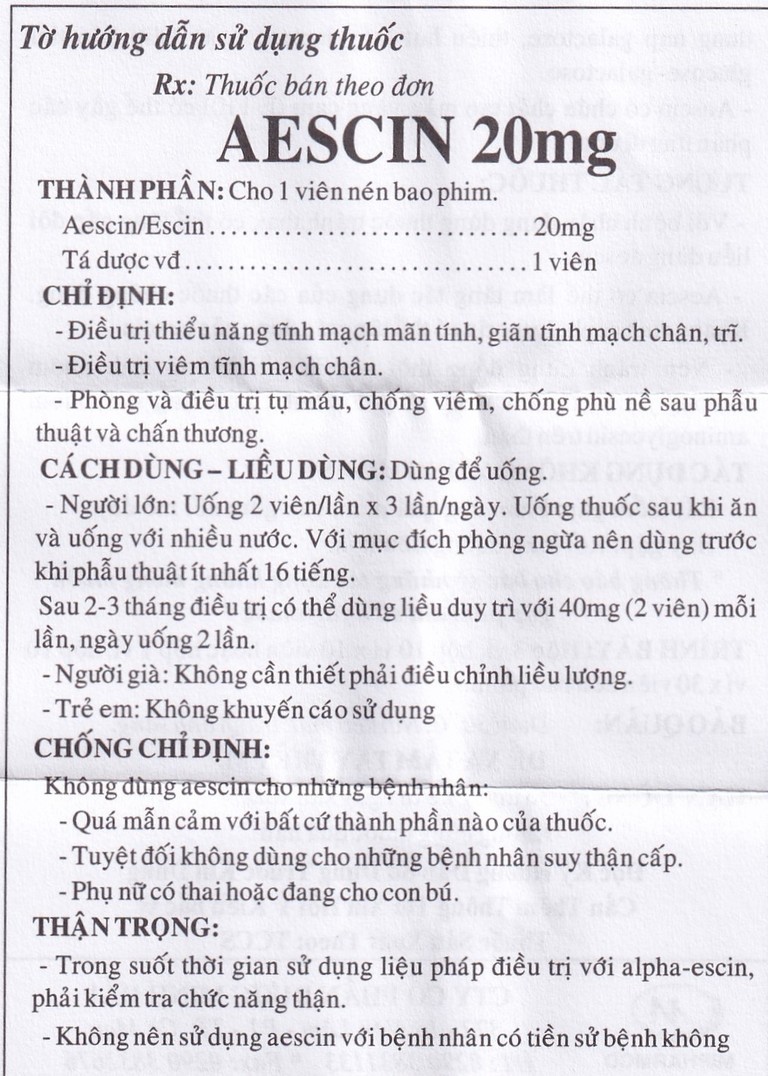 Thuốc Aescin 20mg điều trị thiểu năng tĩnh mạch mãn tính, giãn tĩnh mạch chân, trĩ (3 vỉ x 30 viên)