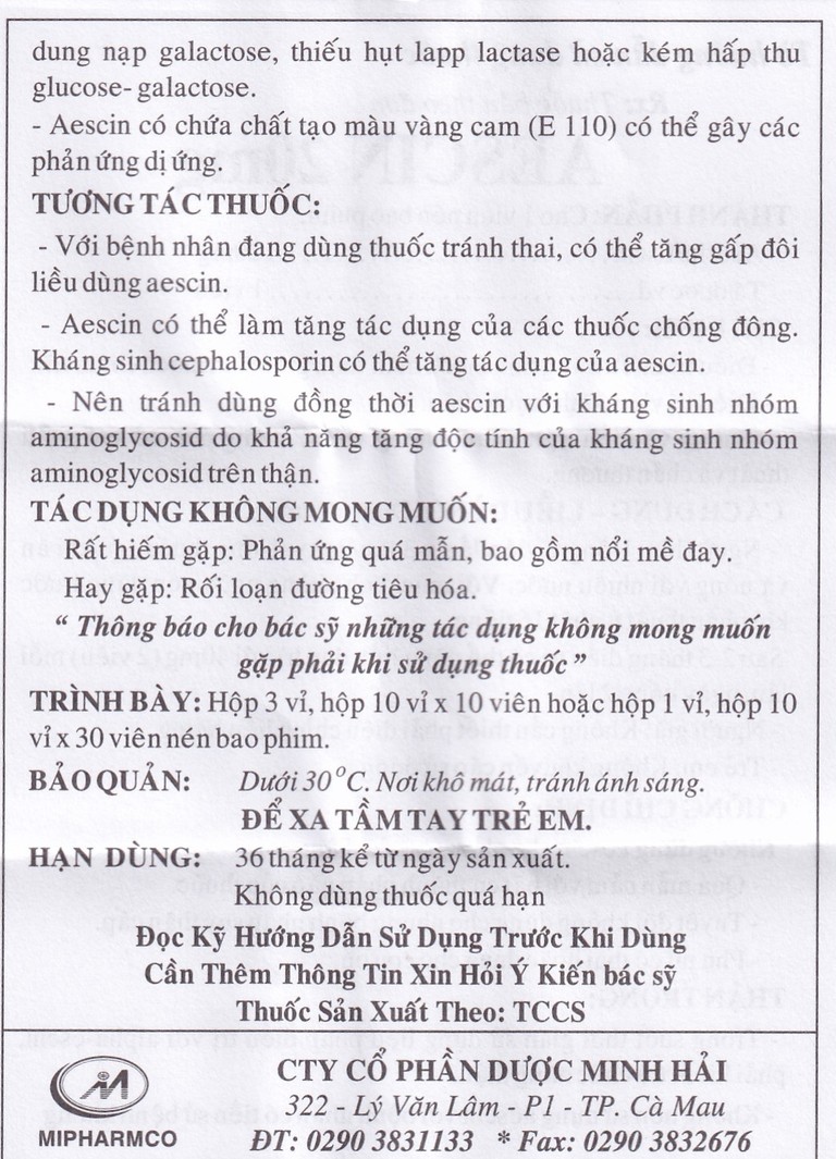 Thuốc Aescin 20mg điều trị thiểu năng tĩnh mạch mãn tính, giãn tĩnh mạch chân, trĩ (3 vỉ x 30 viên)
