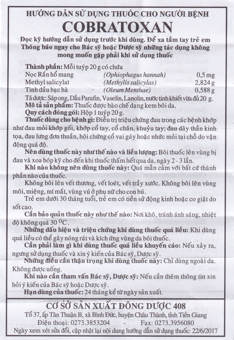 Kem xoa nọc rắn Cobratoxan 20g Đông Dược 408 tác dụng điều trị đau xương khớp (10 tuýp)