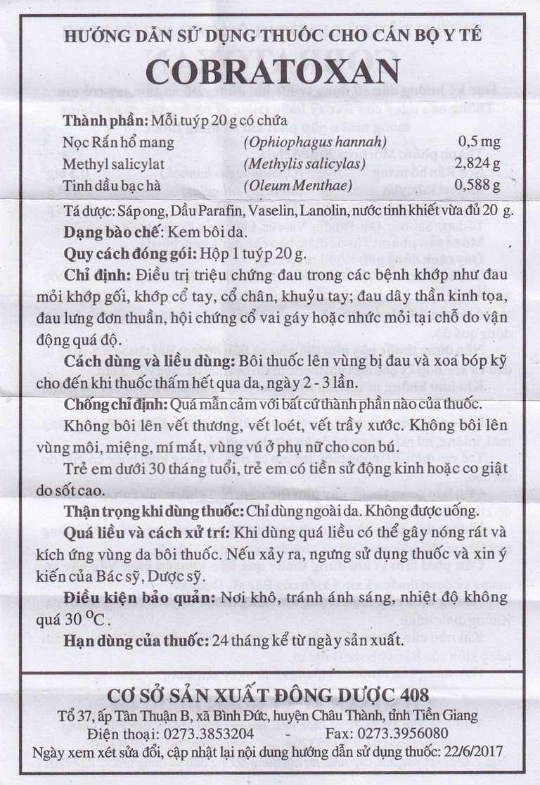Kem xoa nọc rắn Cobratoxan 20g Đông Dược 408 tác dụng điều trị đau xương khớp (10 tuýp)