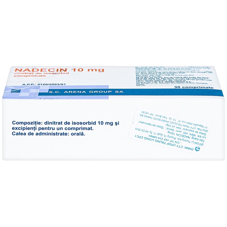 Thuốc Nadecin 10mg phòng và điều trị cơn đau thắt ngực, suy tim sung huyết (3 vỉ x 10 viên)