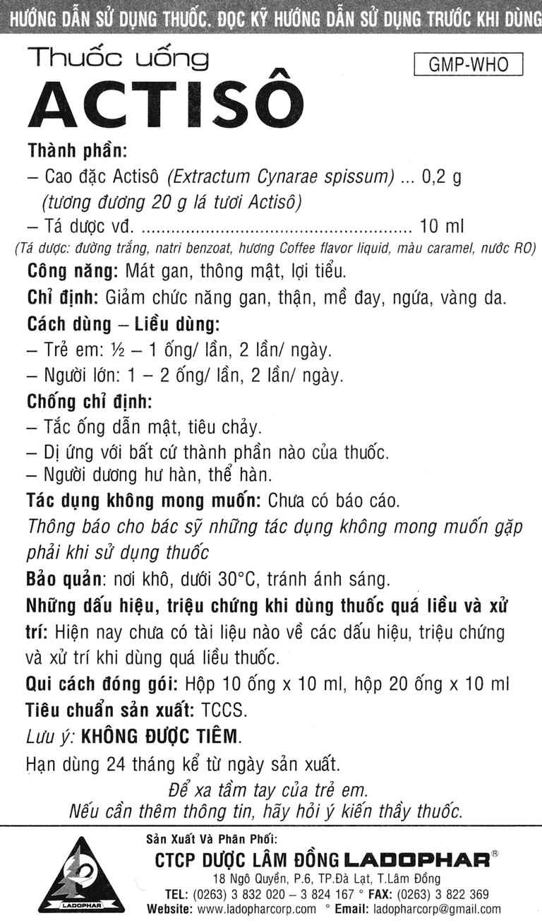 Thuốc uống Actiso Ladophar mát gan, thông mật, lợi tiểu (10 ống x 10 ml)