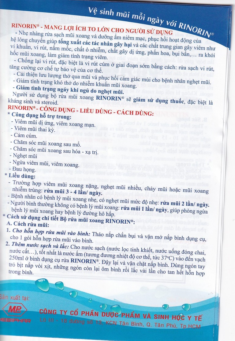 Hỗn hợp rửa mũi Rinorin chăm sóc và bảo vệ mũi xoang (30 gói)