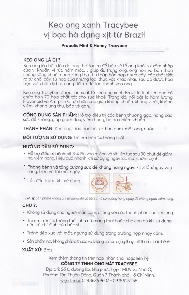 Keo ong xanh Tracybee Propolis Mint & Honey vị bạc hà giúp giảm đau, viêm họng, ho do nhiễm khuẩn (30ml)