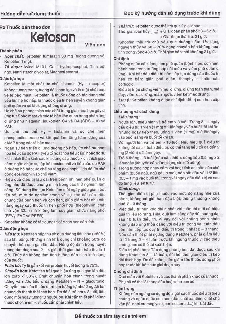 Viên nén Ketosan Hasan phòng ngừa hen phế quản, điều trị viêm mũi dị ứng (3 vỉ x 10 viên)