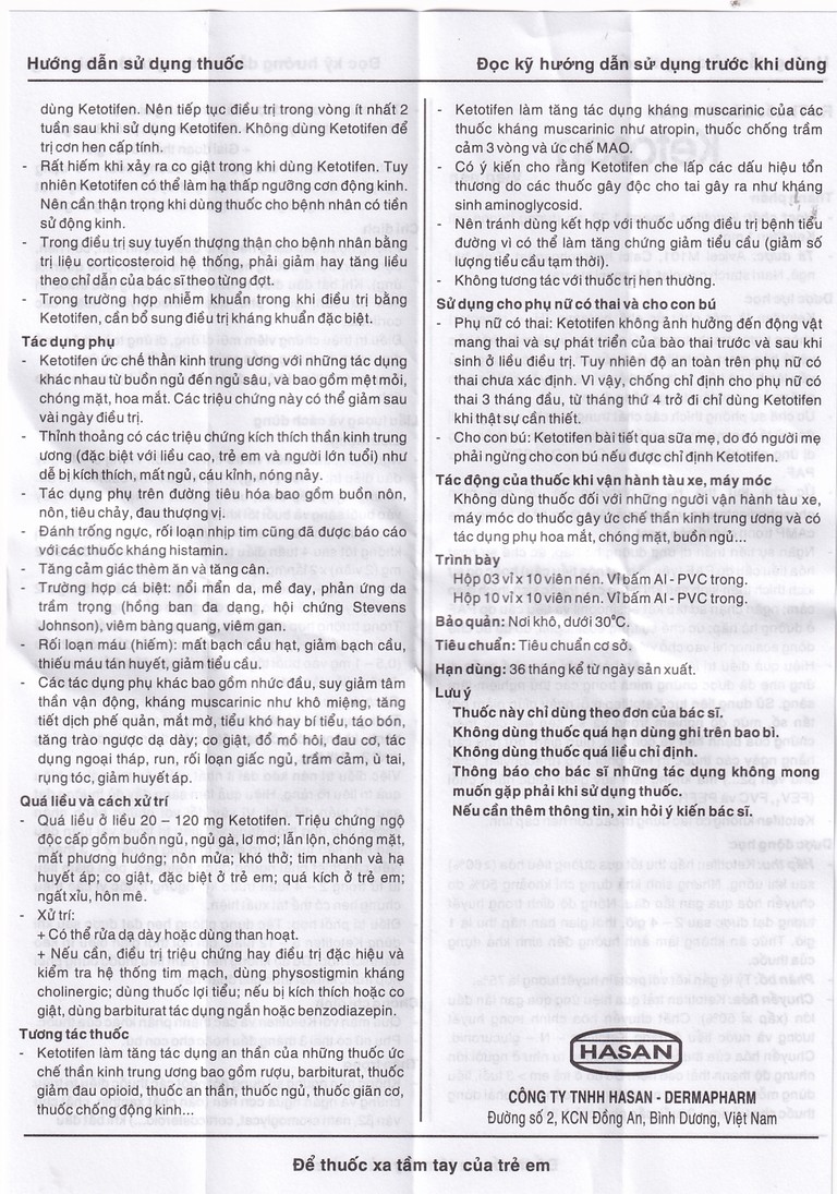 Viên nén Ketosan Hasan phòng ngừa hen phế quản, điều trị viêm mũi dị ứng (3 vỉ x 10 viên)
