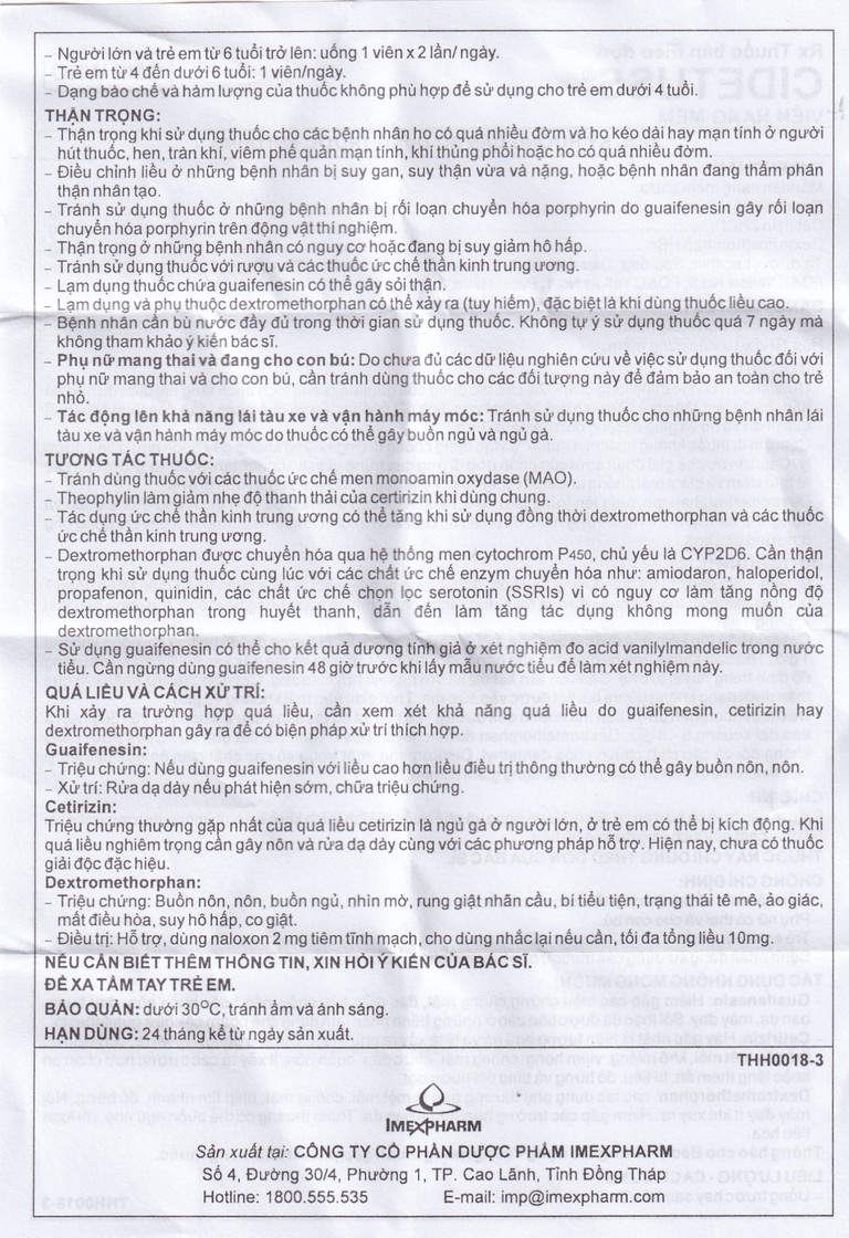 Thuốc Cidetuss Imexpharm điều trị các trường hợp ho (10 vỉ x 10 viên)