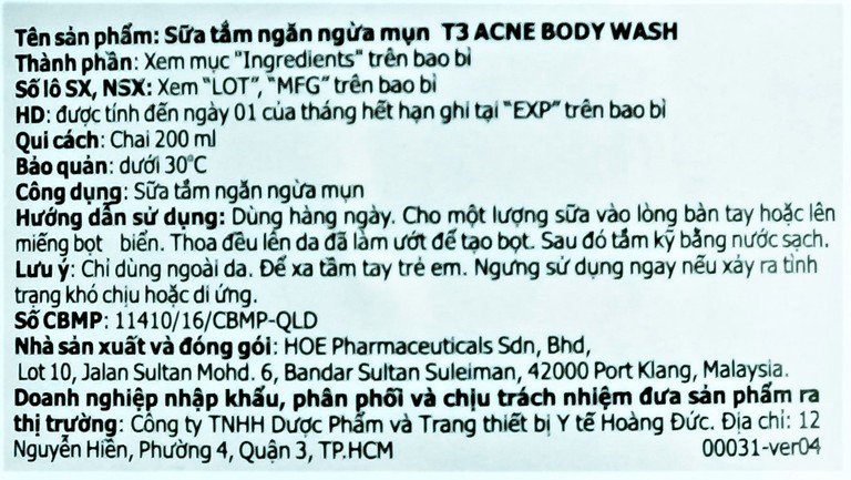 Sữa tắm T3 Acne Body Wash ngăn ngừa mụn (200ml)