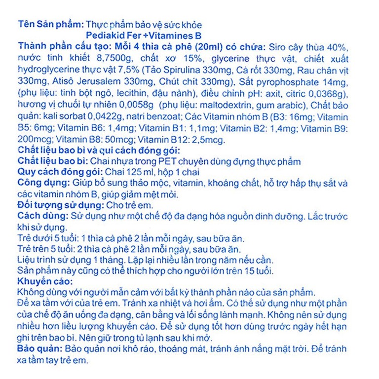 Siro Pediakid Fer + Vitamines B giúp bổ sung thảo mộc, Vitamin, khoảng chất (125ml)